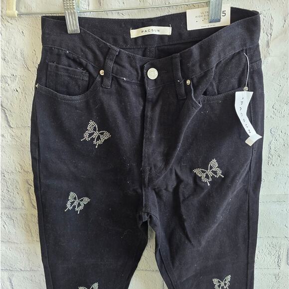 PacSun Women's Black Butterfly Bedazzled High Rise Slim Button Fly Jeans NWT 25 - Picture 3 of 15
